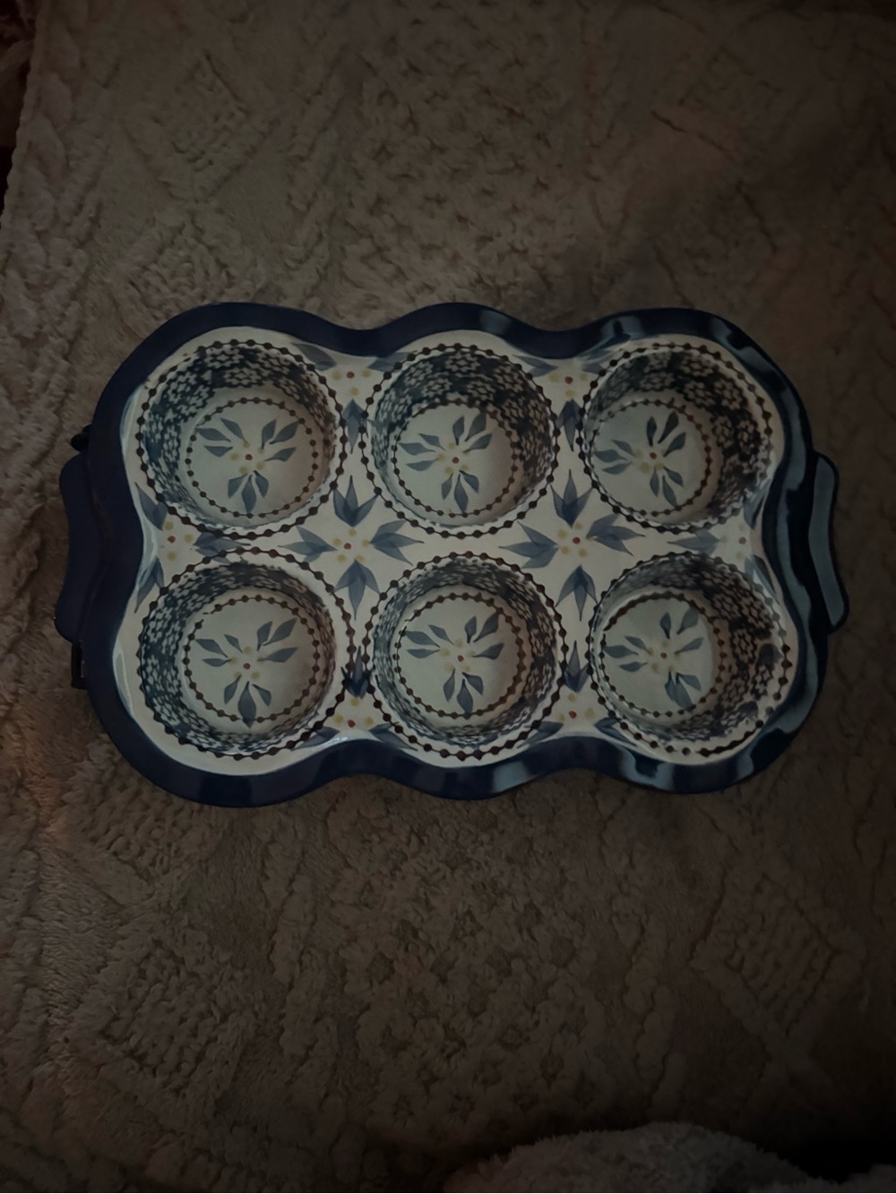 Temptations “Old World Blue” Floral 6-Cup Ceramic Muffin Tray